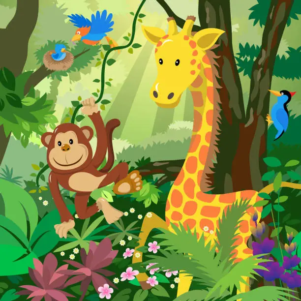 Vector illustration of Cartoon Animals in the Jungle