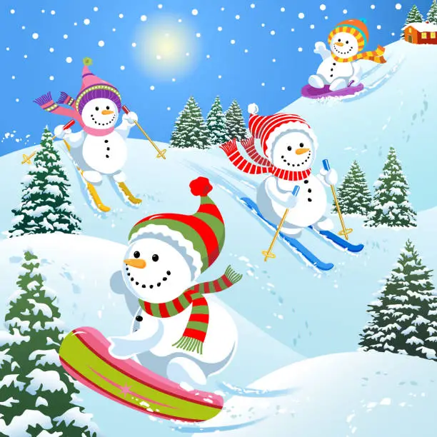 Vector illustration of Snowmen Skiing, Sledding and Snowboarding