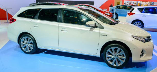 Brussels, Belgium - January 14, 2014: Toyota Auris Touring Sports Hybrid station wagon on display at the 2014 Brussels motor show. 