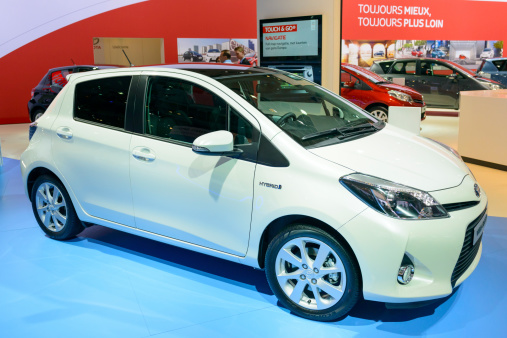 Brussels, Belgium - January 14, 2014: Toyota Yaris Hybrid hatchback on display at the 2014 Brussels motor show.