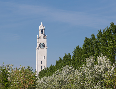A view of Montreal Clock Tower (Tour de l'Horloge) during the day. Trees can be seen near the Tower