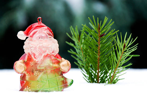 Picture of a  Santa Claus decoration on a christmas tree with snow