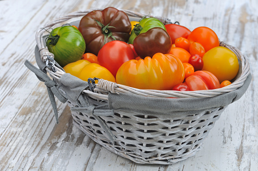 differents color varieties of tomatoes in basket on white background wood
