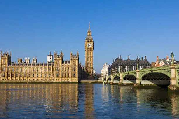 Photo of Westminster on a bright day with reflections