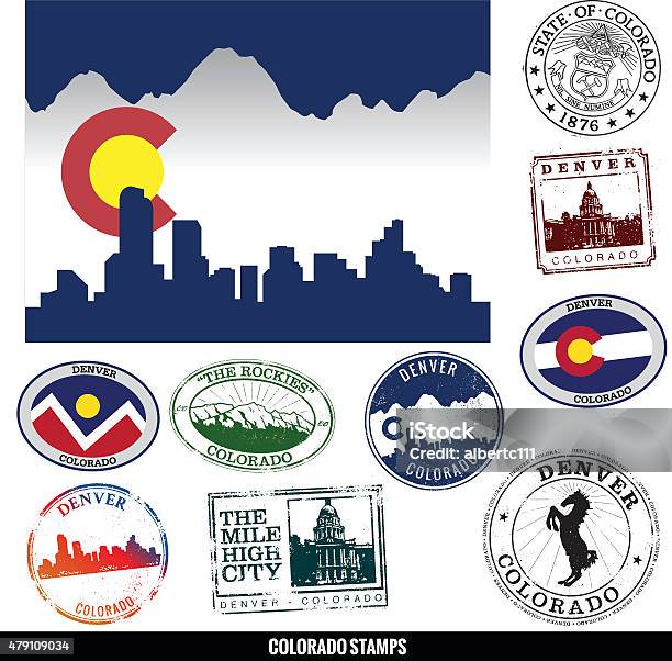 Ilustración de Paisaje De La Ciudad De Denver Colorado Y Sellos y más Vectores Libres de Derechos de Denver - Denver, Sello de caucho, Sello postal