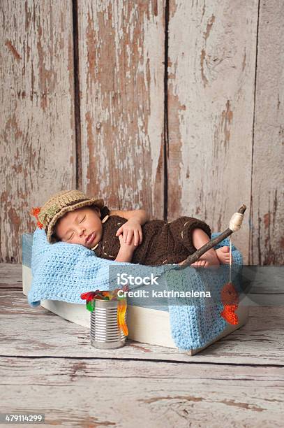 Newborn Baby Boy In Fisherman Outfit Stock Photo - Download Image Now - 0-11 Months, Animal, Babies Only