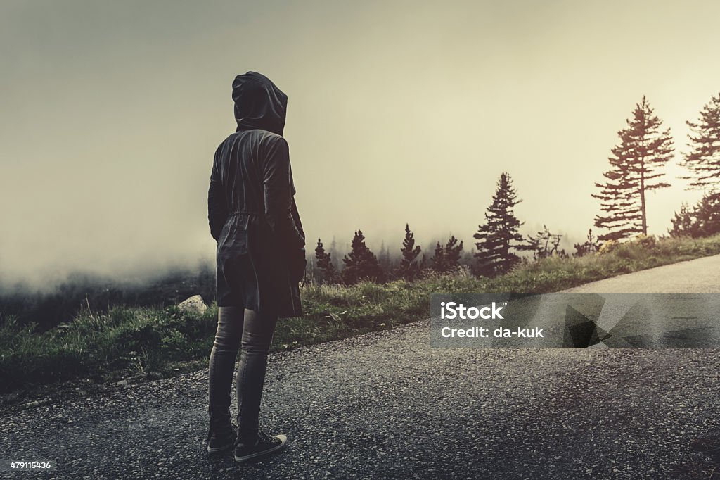 Traveler walking in a foggy forest Traveler walking in a foggy forest. Stock photo. Adult Stock Photo