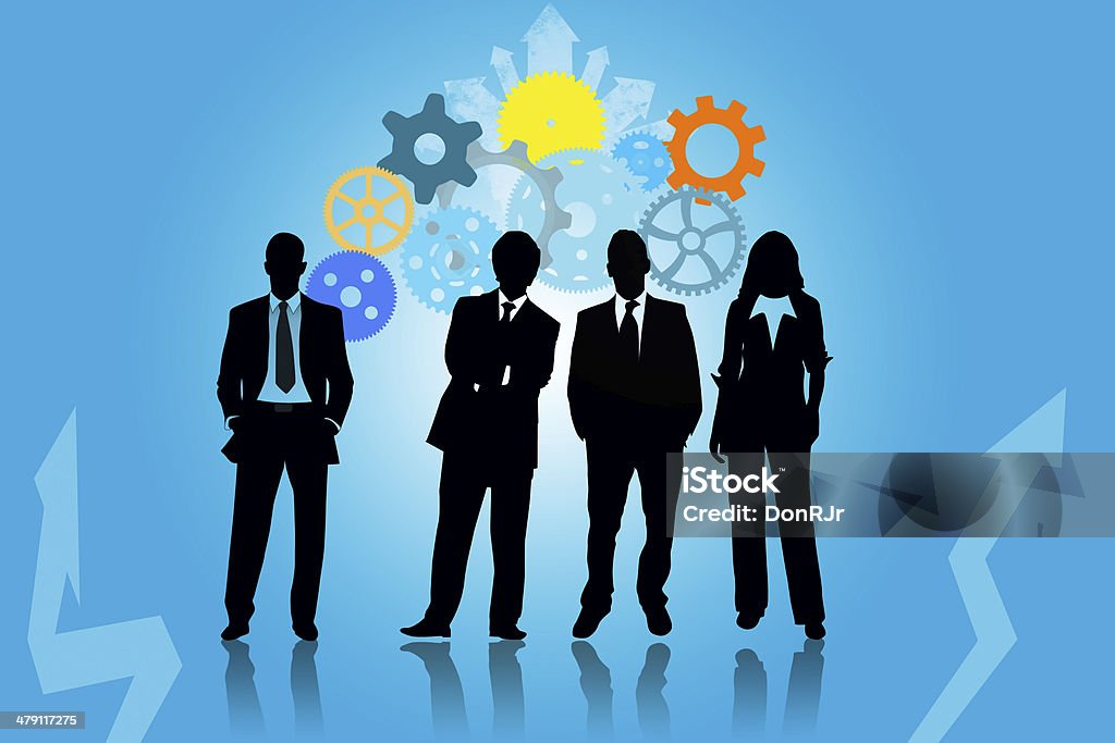 Geared up For Business Silhouette of Businessmen with multicolored gears in background Adult Stock Photo