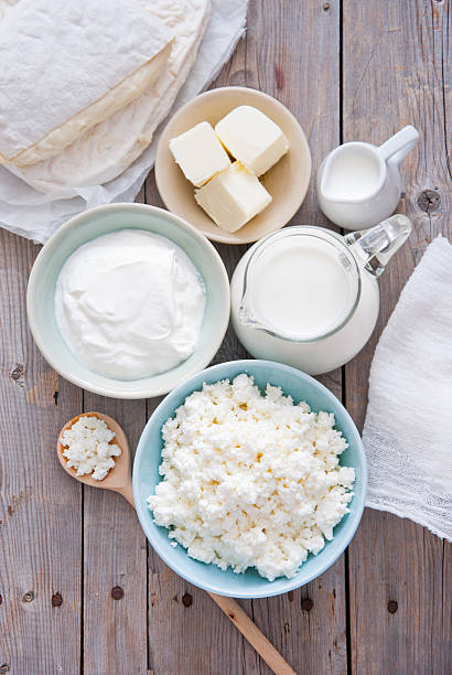 Fresh dairy products Organic Farming Cottage cheese, sour cream, butter, cheese and milk dairy stock pictures, royalty-free photos & images