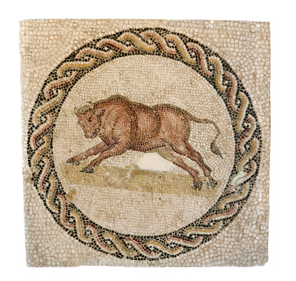 Early 3rd century AD mosaic from a Roman funeral monument. The bull evokes the animal form of the god Dionysus.