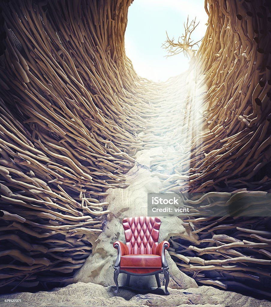 armchair in the hole armchair in the hole, braided tree roots and sun light Red Stock Photo