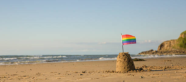 istock Rainbow flag on a sandcastle - sea in the distance 479132014