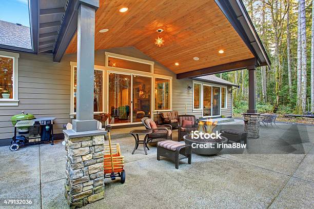Large Back Yard With Grass Stock Photo - Download Image Now - Fire Pit, 2015, Architecture