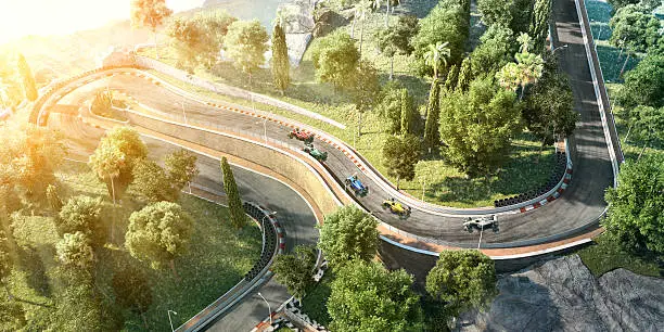 A group of open-wheel single-seater racing car racing cars travelling at speed on a generic outdoor spiral race track in the mountains. The image is from birds view. The image is made fully with CGI. The racing car is without any branding. With intentional lens flare and high speed motion blur.