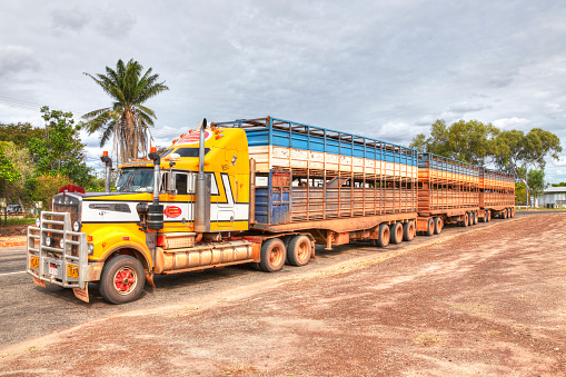 Croydon, Australia - June 10, 2015: Loaded livestock road train named “Cattle Coach” with its slogan “Cruisen Without Bruisen!” sits outside a pub in the main street of an outback Queensland town while it’s driver takes a rest break. 