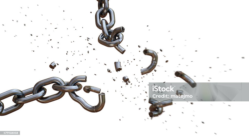 Broken Chain A15 This is a dramatic shot of a chain falling apart under a severe blow of an invisible force. The chain links at the point of impact are shattered outwards in a diagonal direction. The scene is isolated on a pure white background. Chain - Object Stock Photo