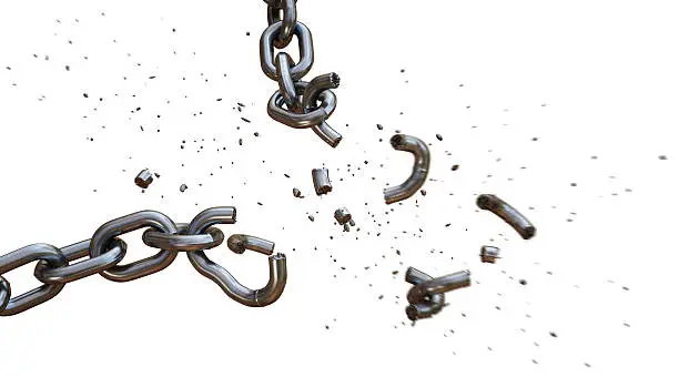 This is a dramatic shot of a chain falling apart under a severe blow of an invisible force. The chain links at the point of impact are shattered outwards in a diagonal direction. The scene is isolated on a pure white background.