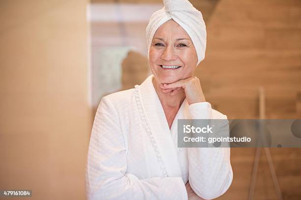 Attractive Woman Just Has Taken Shower Stock Photo - Download Image Now - Senior Adult, Shower, Bathrobe