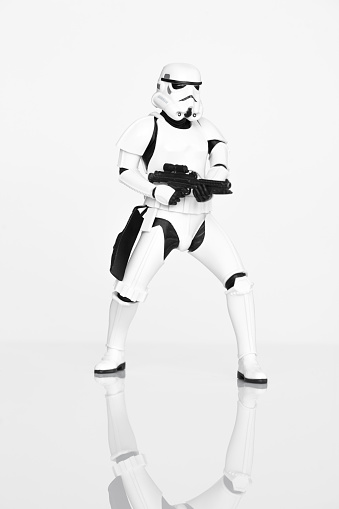 İstanbul Turkey - May 22, 2015: An Imperial Stormtrooper action figure from the Star Wars movie franchise posed on white background. 