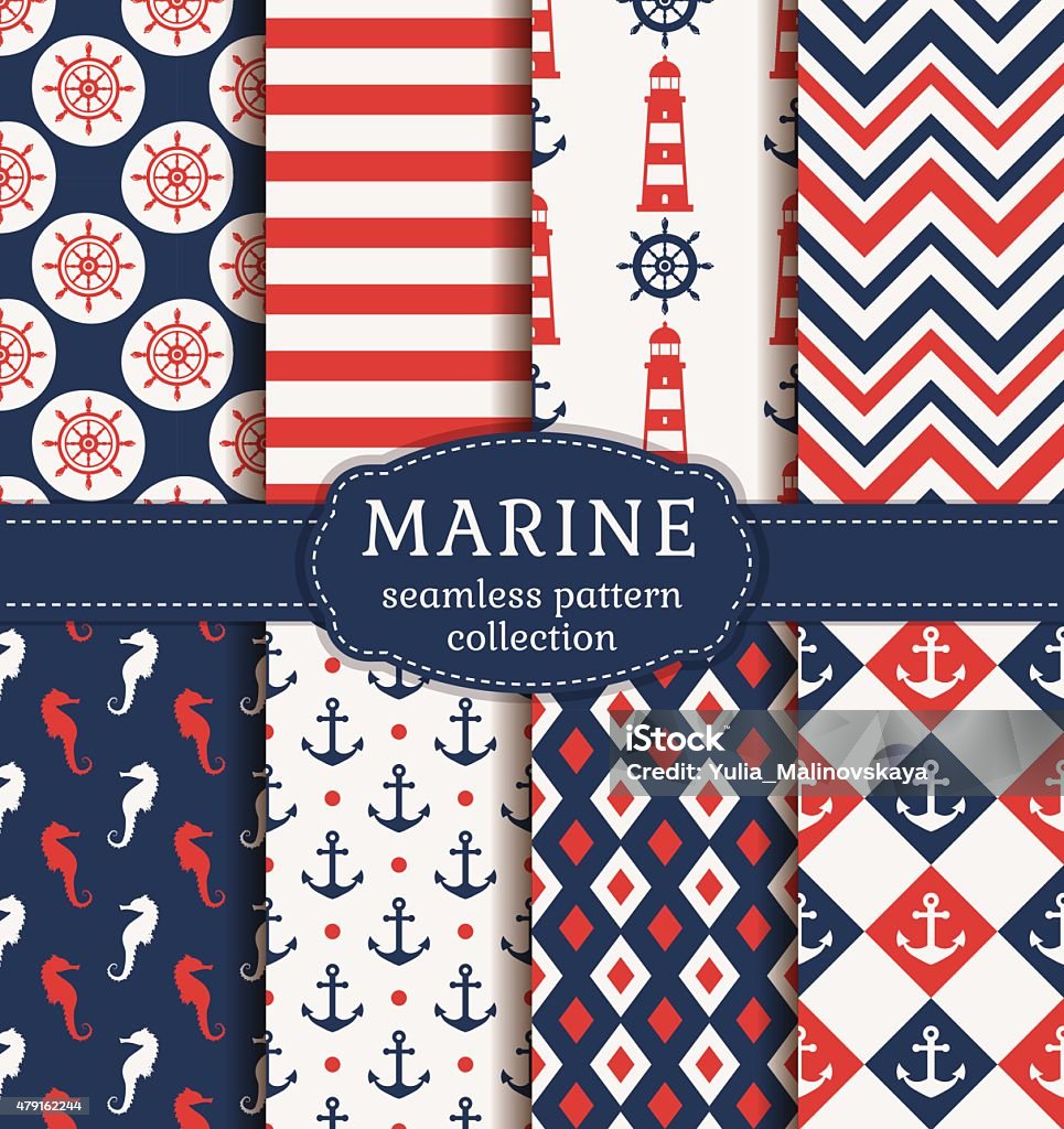 Sea and nautical seamless patterns set. Set of marine and nautical backgrounds. Sea theme. Seamless patterns collection. Vector illustration. Nautical Vessel stock vector