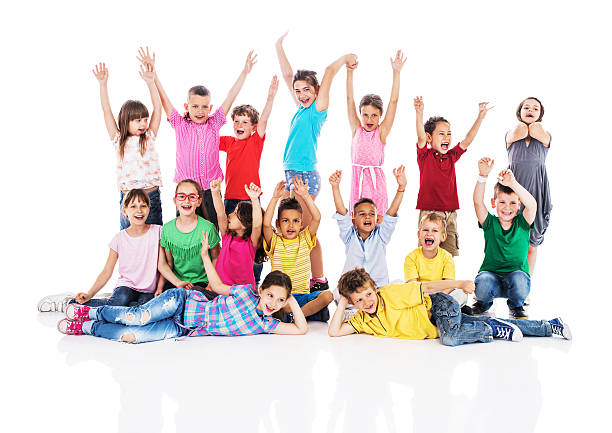 istock Cheerful kids having fun with raised arms. Isolated on white. 479165414