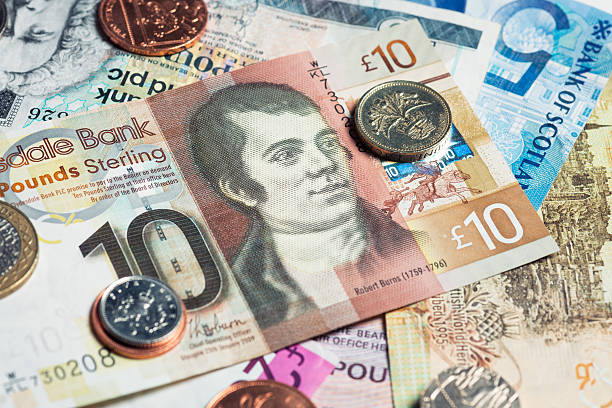 Scottish banknotes and coins, with the 18th Century poet and lyricist Robert Burns depicted on a £10 note.