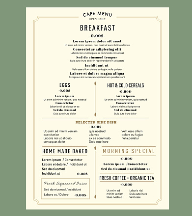 Menu Design Template layout for Breakfast Restaurant Cafe Vintage style 