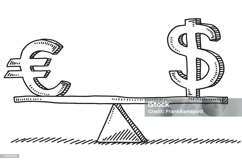 Euro And Dollar Sign Balance Concept Drawing Hand-drawn vector drawing of an Euro And Dollar Sign Balance Concept. Black-and-White sketch on a transparent background (.eps-file). Included files are EPS (v10) and Hi-Res JPG. Seesaw stock vector