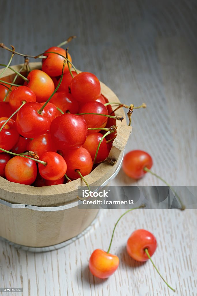 Sweet Cherries in Bucket Sweet Cherries in Bucket on Wooden background 2015 Stock Photo