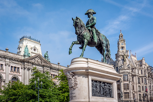 Monument to the first king of Portugal Don Pedro IV on the Liberty Square in Porto. Porto is one of the most popular tourist destinations in Europe.