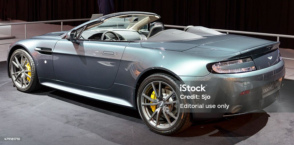 Aston Martin V8 Vantage N430 Roadster convertible sports car Amsterdam, The Netherlands - April 16, 2015: Aston Martin V8 Vantage N430 Roadster convertible sports car on display during the 2015 Amsterdam motor show.  2015 Stock Photo