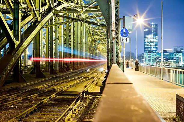 Train is crossing the Hohenzollernbridge at night