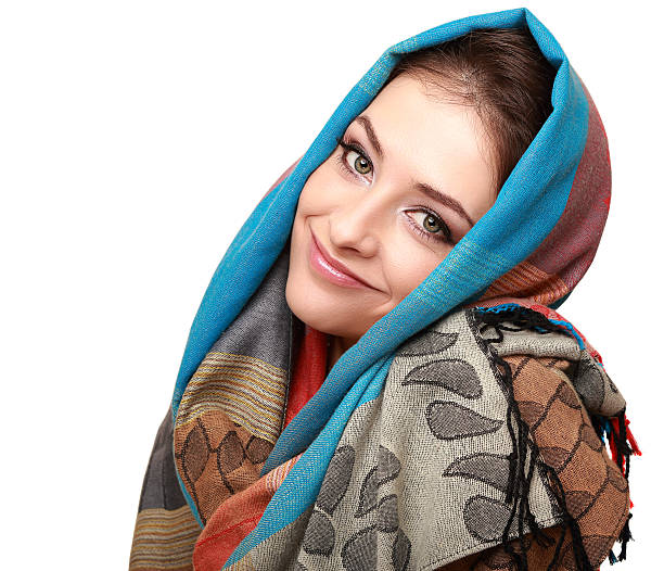 istock Happy smiling woman in modern shawl isolated 479184785
