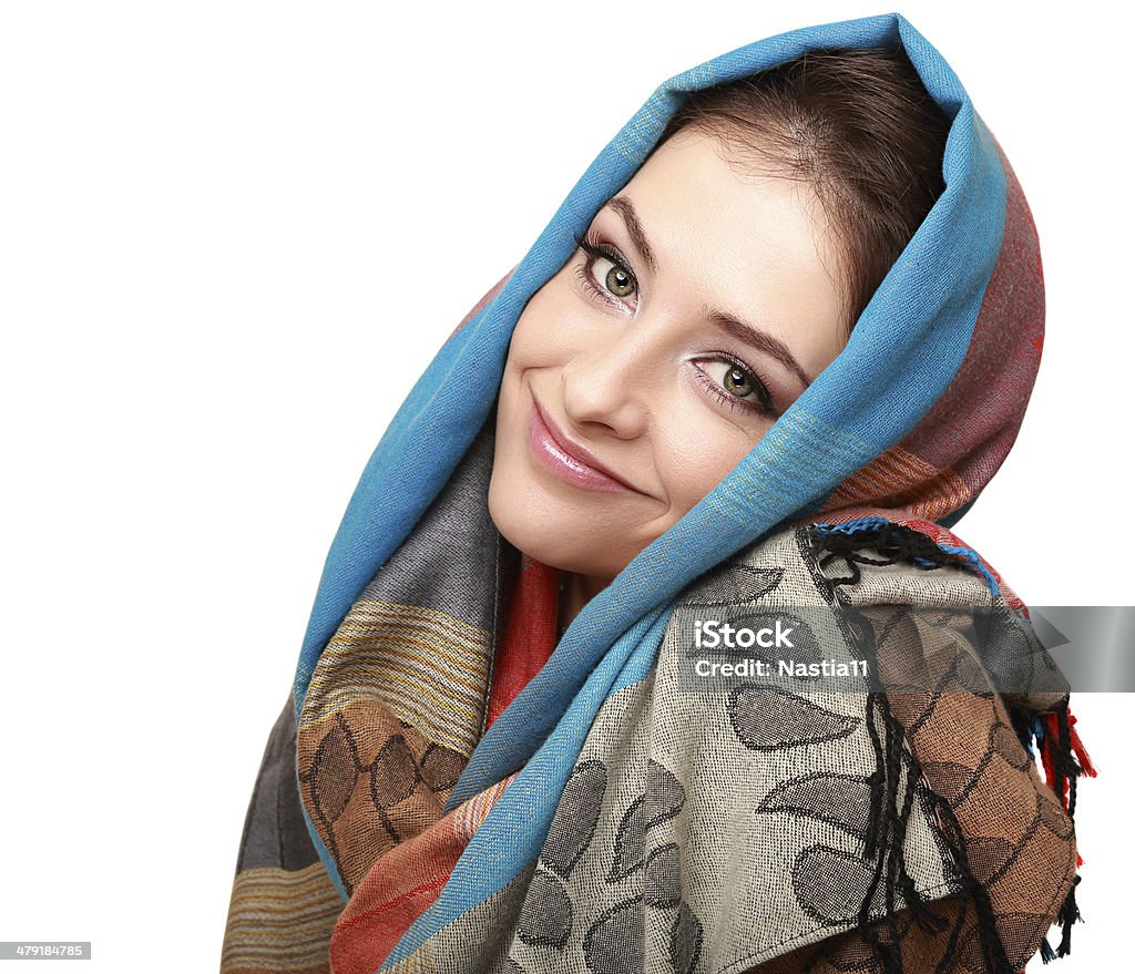 Happy smiling woman in modern shawl isolated Happy smiling woman in modern shawl isolated on white background Adult Stock Photo