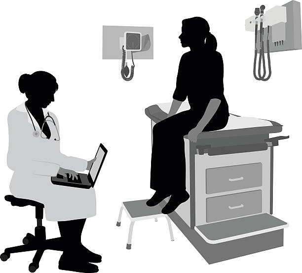 Laptop Medical Notes A vector silhouette illustration of a female doctor reviewing a patient's medical history on her lap top while the young female patient sits on the exam table. cartoon of medical records stock illustrations