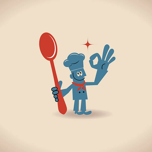 illustrations, cliparts, dessins animés et icônes de heureux souriant chef tenant une grosse cuillère, faisant un geste ok signer - enseigne restaurant