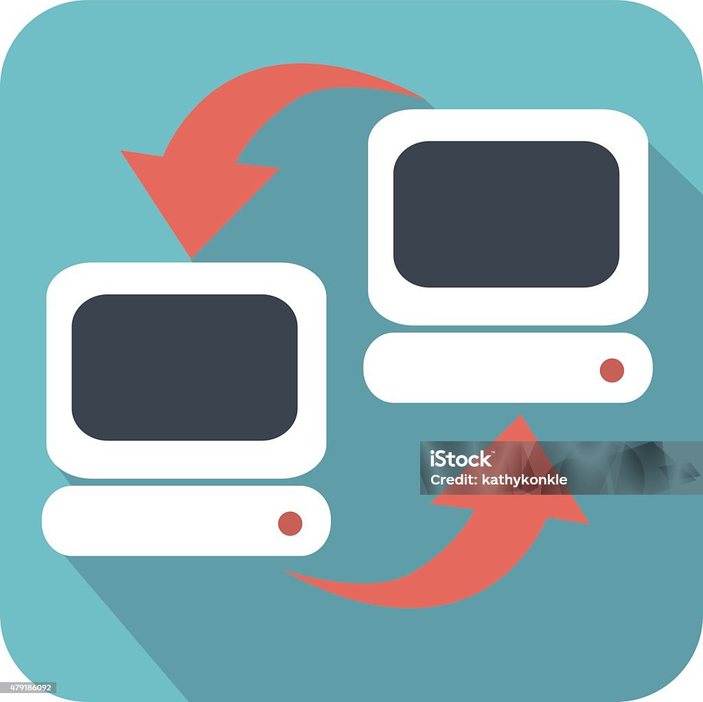 rounded corner square flat style icon of networked computers A vector illustration of a rounded corner square flat style icon of networked computers in color. Colors are blue, orange, black and white. This is a vector EPS file. A large jpg is included in this download. 2015 stock vector