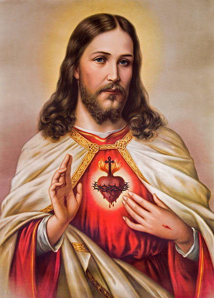 Sebechleby - Typical catholic image of Jesus Christ heart Sebechleby - Typical catholic image of heart of Jesus Christ from Slovakia printed in Germany from the endof 19. cent. originally by unknown artist. allegory painting photos stock illustrations