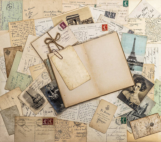 Open book, old letters and postcards. Travel memories scrapbook