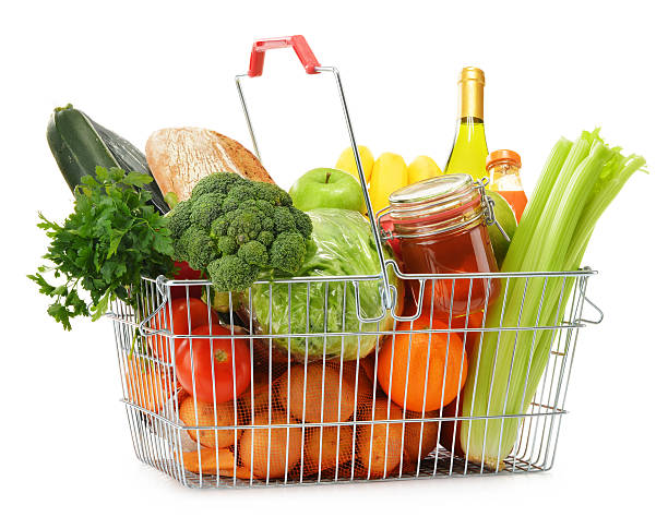 istock Wire shopping basket with groceries isolated on white 479189287