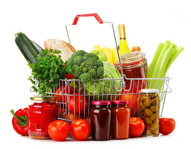 istock Wire shopping basket with groceries isolated on white 479189303