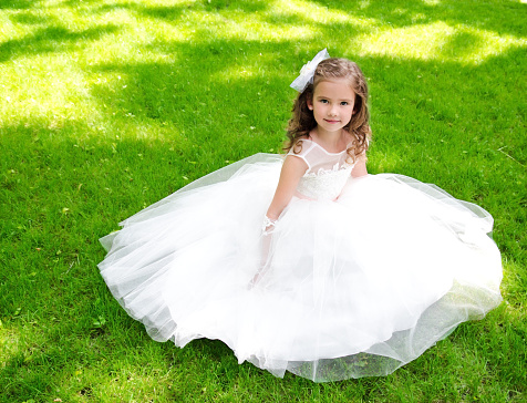 Adorable smiling little girl in princess dress sitting on grass outdoor