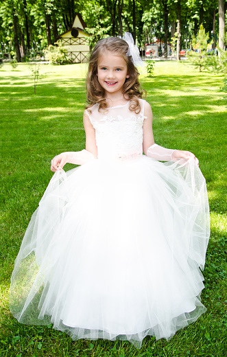 Adorable smiling little girl in princess dress outdoor