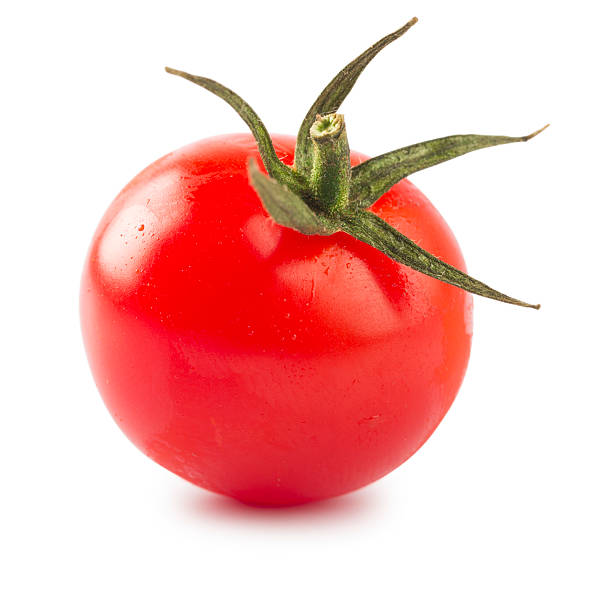 tomate cherry aislado sobre fondo blanco con trazado de recorte - tomate cereza fotografías e imágenes de stock