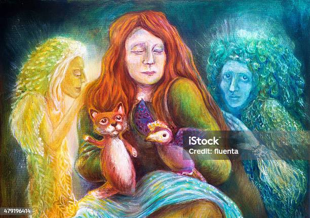 Woman Story Teller With Puppets And Protective Spirits Stock Illustration - Download Image Now