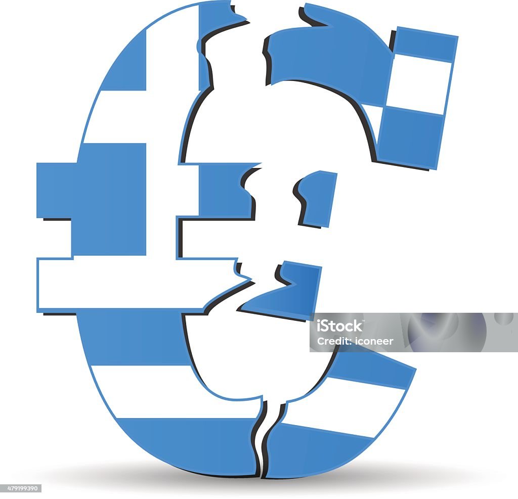 Bandera de Grecia en el euro de símbolo de ruptura diferencia sobre fondo blanco - arte vectorial de 2015 libre de derechos