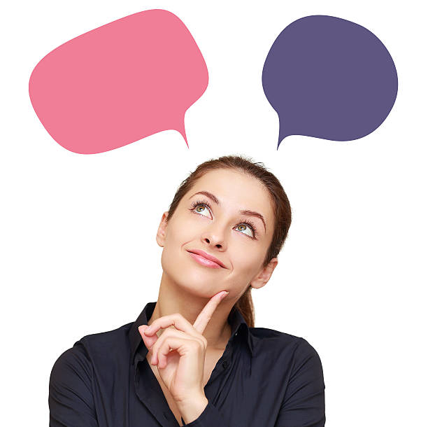 istock Thinking business woman with color thoughts clouds above isolated 479199453