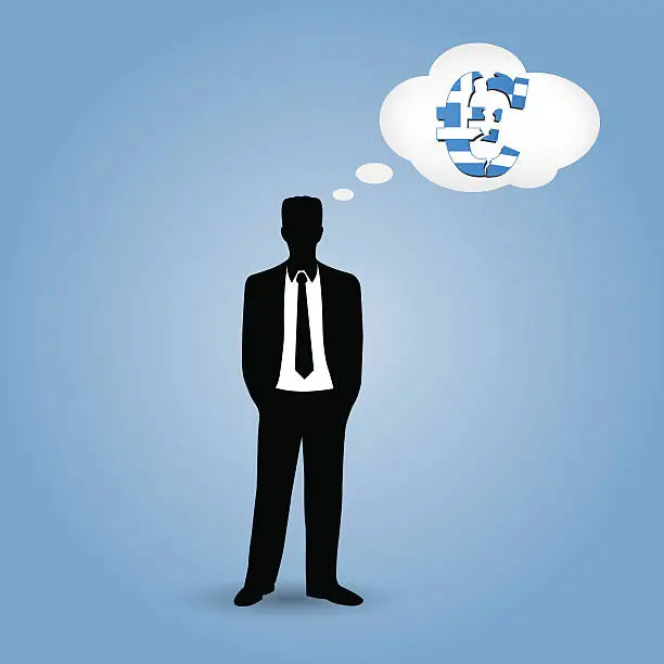 Vector illustration of Business man thinks about euro greek crisis on blue background