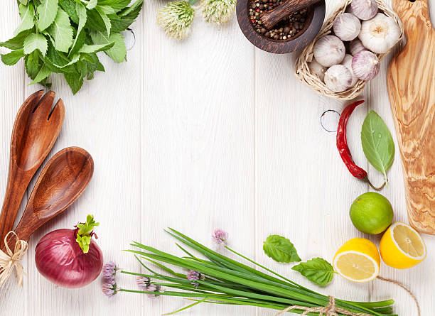 istock Fresh herbs and spices on wooden table 479203920
