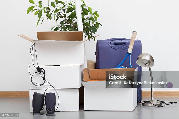 Moving House Pile Stock Photo - Download Image Now - Box - Container, Relocation, White Color